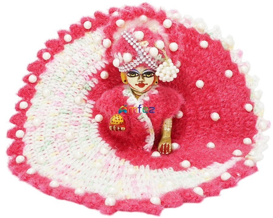 Laddu Gopal Pink & White Pearl Beads Woolen Dress With Cap