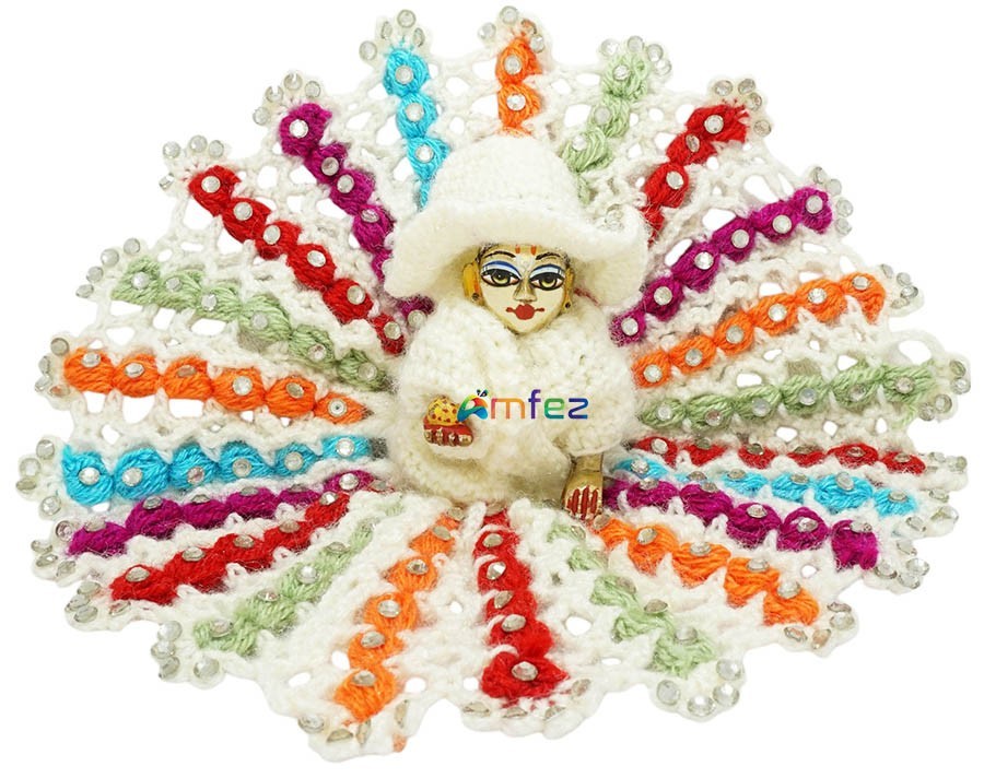 Laddu Gopal White Multi Stone Work Woolen Dress With Cap